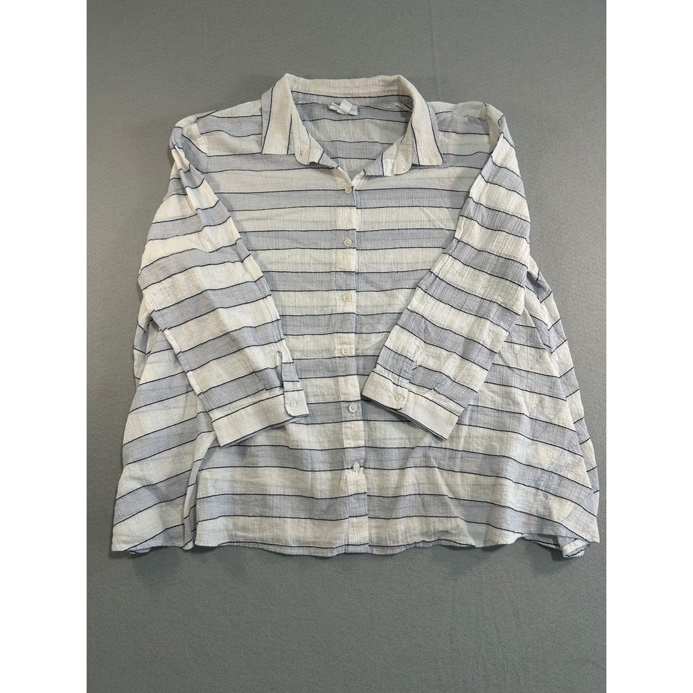 J. Jill Button Down Shirt Womens L Blue Striped Gauze Seersucker 3/4 Sleeve